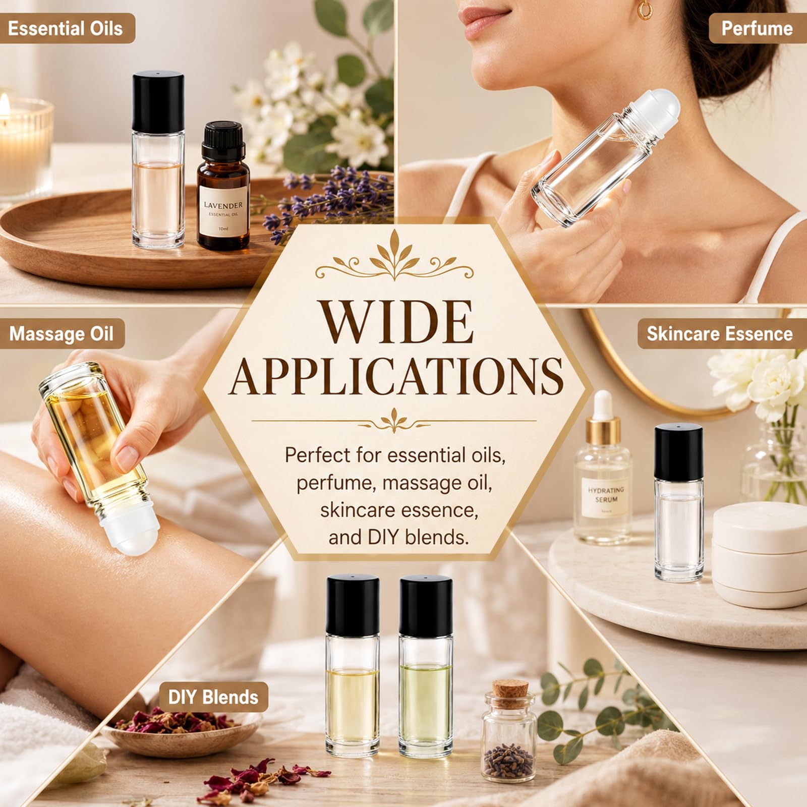 4 x 50ml Botellas de Rodillo de Vidrio, Botellas Vacías con 2 x 5ml Pipetas, Embudo de Plástico & Pegatina, Anti-Fuga para Aceites Esenciales, Perfume, Aromaterapia