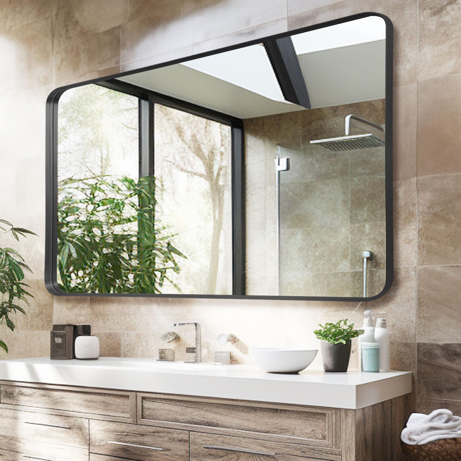 Wall Mirror 30" x 40" for Bathroom Black Metal Deep Frame Mirror for Wall Decorative Rectangular Round Corner Wall Mounted Vanity Mirror for Bedroom Living Room Entryway Wall Decor