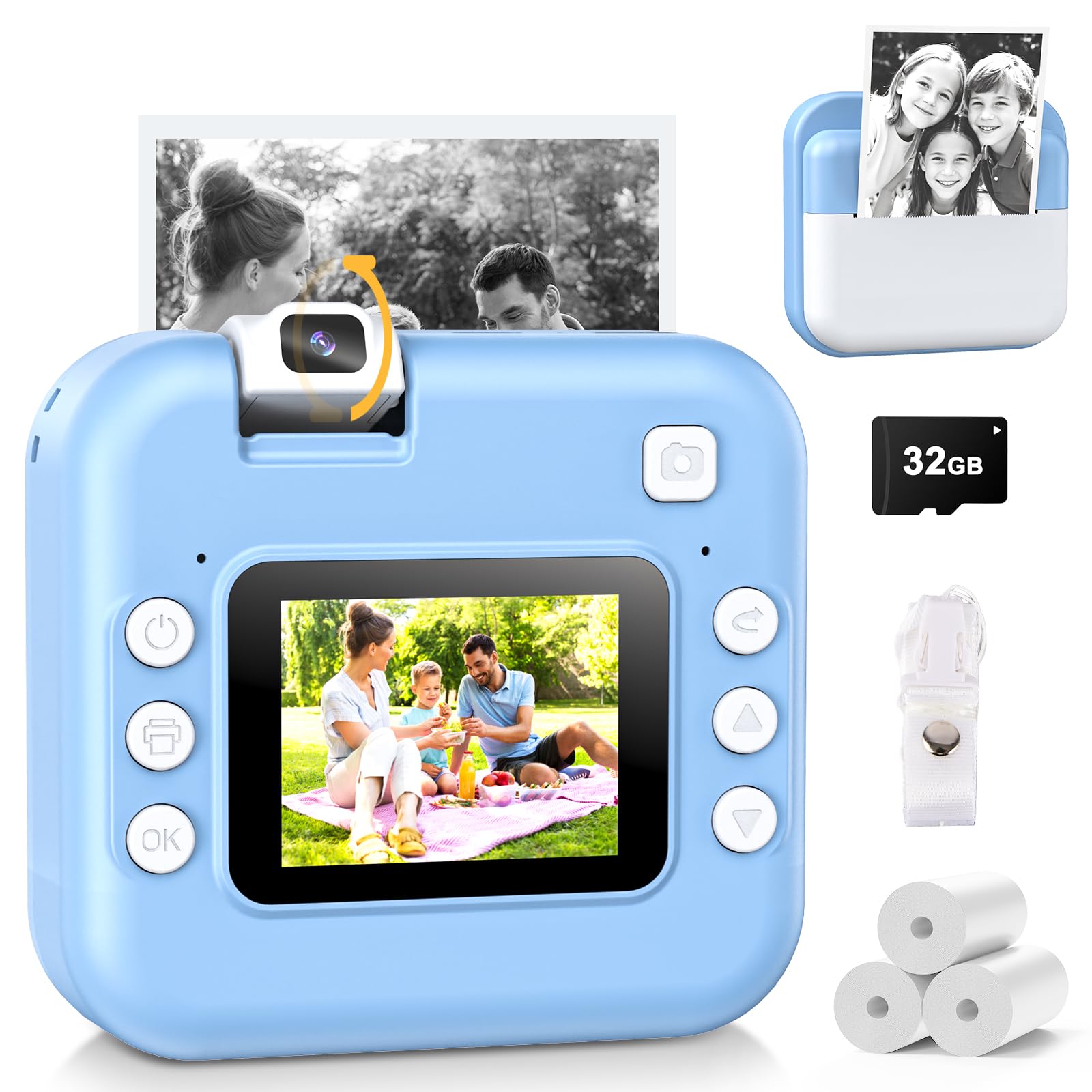 Kids Camera Instant Print - Digital Camera with Flip Lens, Birthday Gift for Boys Girls, Instant Print Photos for Toddlers HD Selfie 1080P Video,