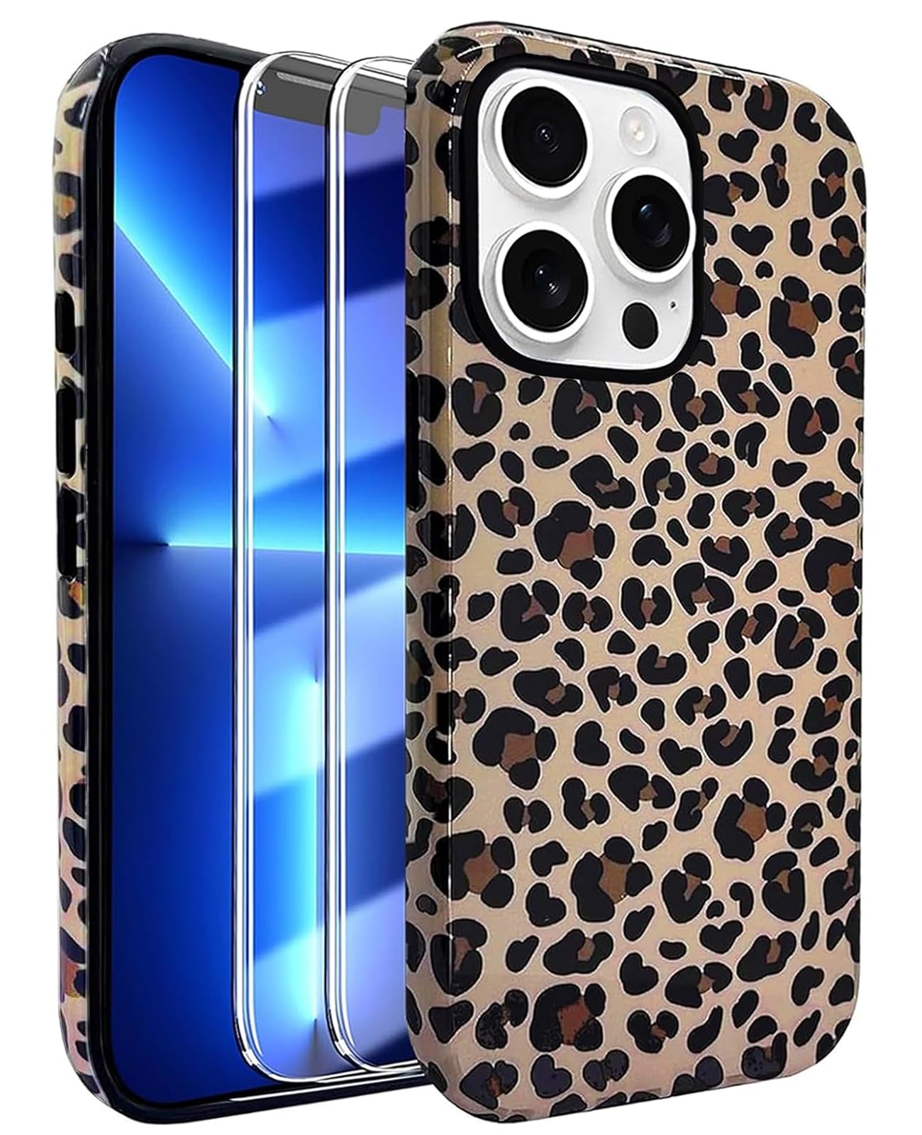 J.west Compatible with iPhone 13 Pro Max Case 6.7 inch with 2 Pack Tempered Glass Screen Protectors Cute Animal Leopard Hybrid Cover for Girls Women
