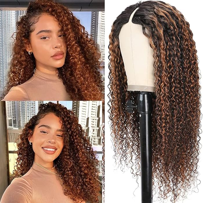 Buy KLAIYI Ombre Brown Curly U Part Wig Human Hair V Part Wig Balayage