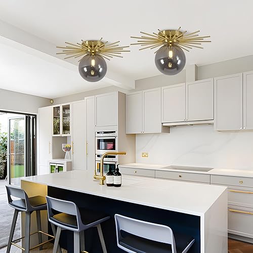 Miniatura 9 de BOKT Moderna lámpara de techo dorada cepillada, lámpara de techo vintage gris humo de cristal semiempotrado de latón cerca de la luz de techo para