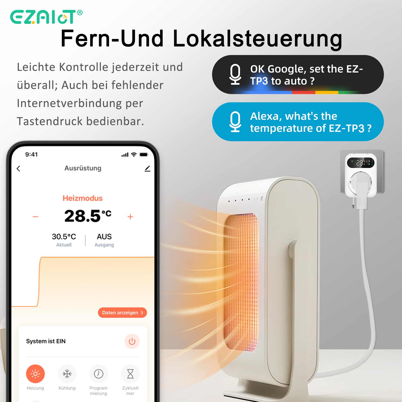 Steckdosen-Thermostat WLAN mit Zeitschaltuhr, 230V | Digitaler Temperaturregler für Heizung & Kühlung. Inkl. 3m Fühler für Gewächshäuser & Aquarien. LED-Bildschirm.