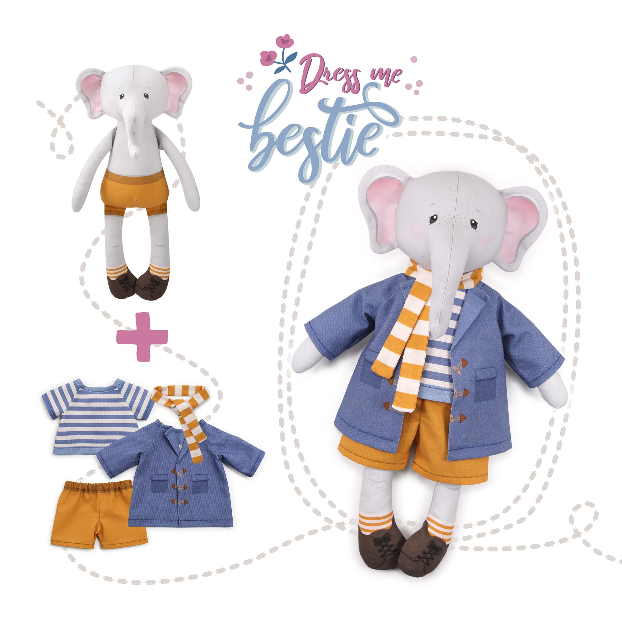 kullaloo Cut & Sew Stoff Paneel auf Baumwolle – Anziehpuppe mit Kleidung selber nähen, inkl. Elefant, Hosen, Shirt und mehr – Öko-Tex 100 zertifiziert – Dress Me Besties EDDY ELEFANT