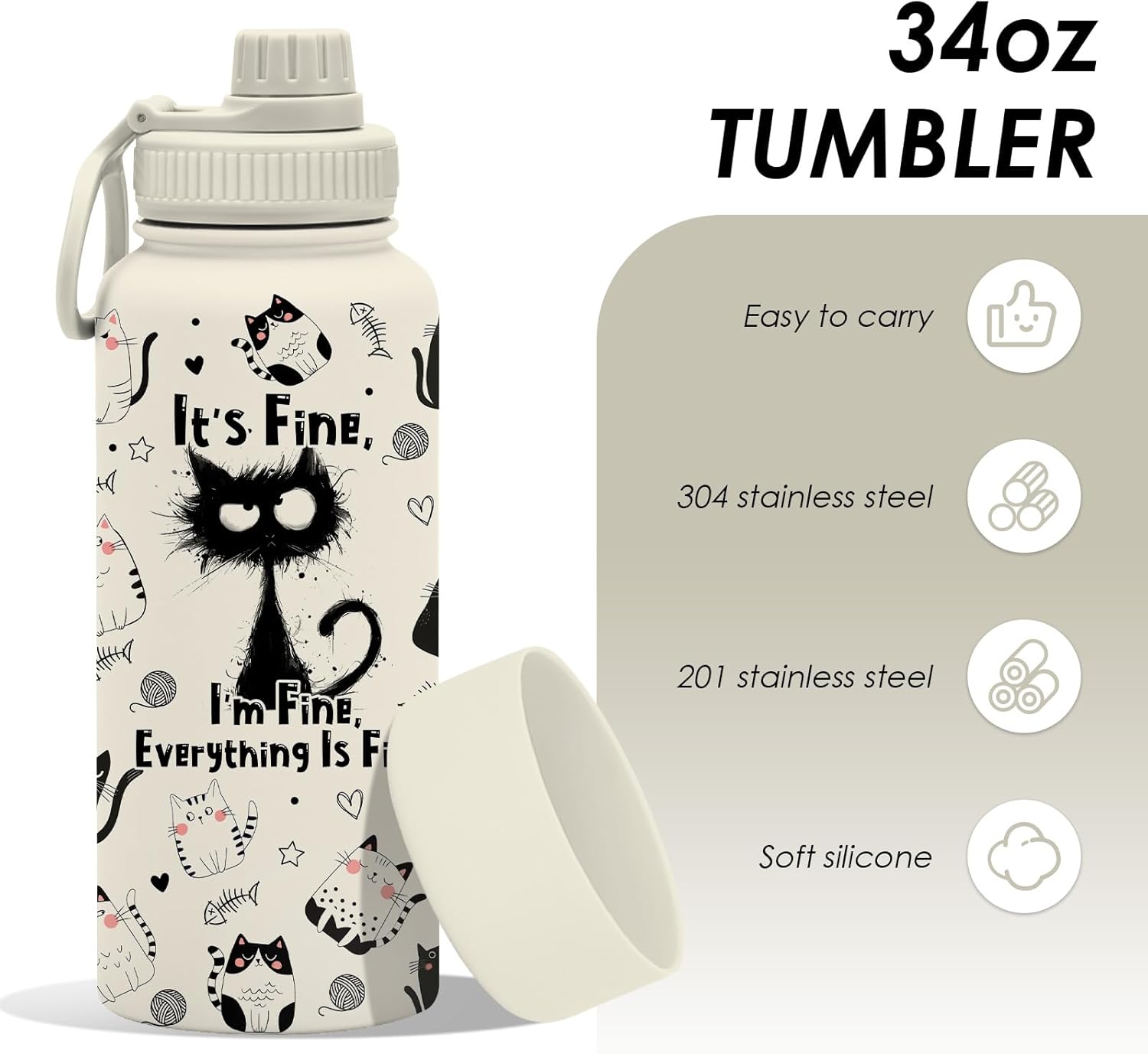 Cat Gifts for Women Girls - 34oz Black Cats Water Bottle, Everything Is Fine Cats Themed Insulated Travel Tumbler, Cute Coffee Cup for Cat Lovers, Mom, Funny Black Cat Christmas Birthday Gifts (1 pc) - Image 2