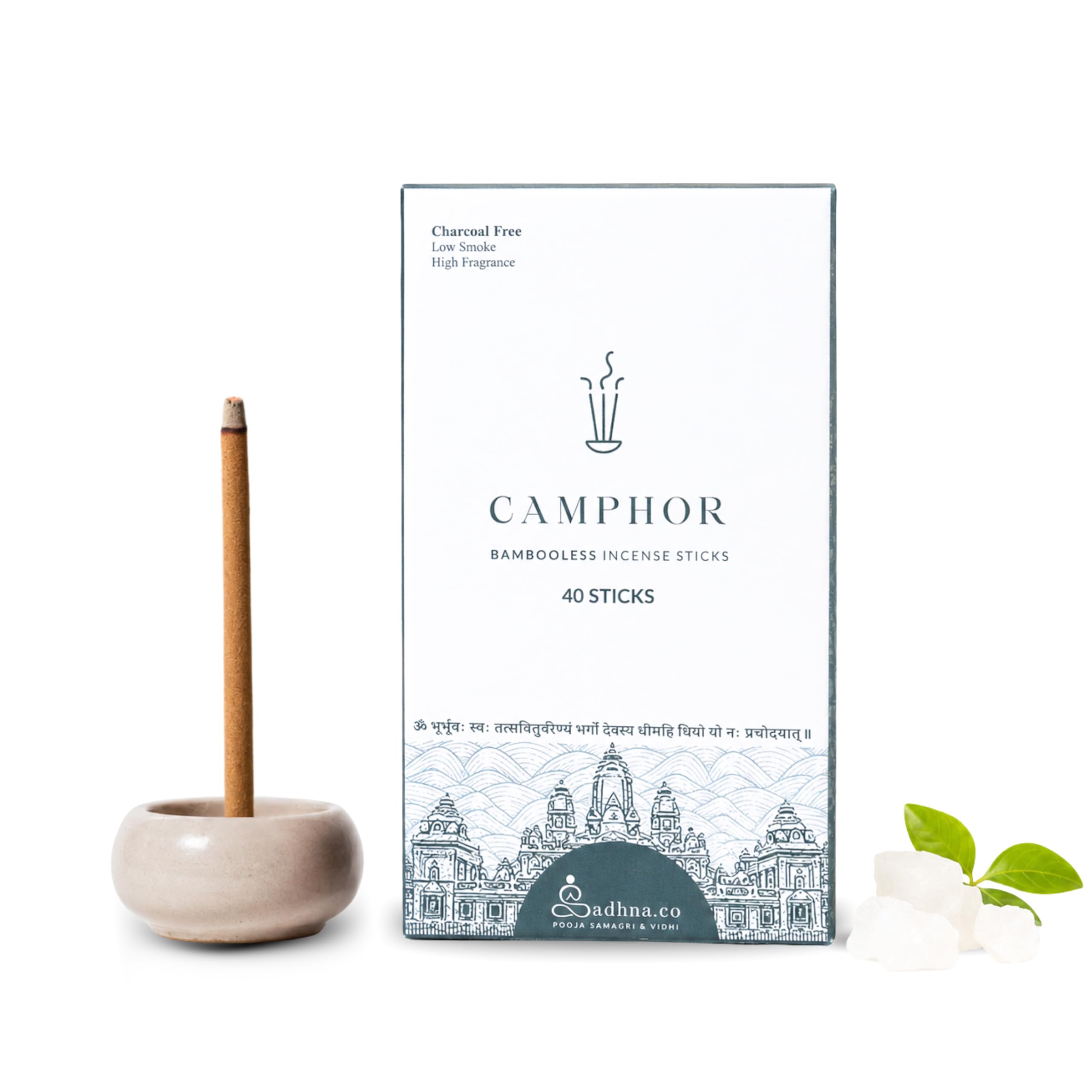Sadhna.co Camphor Bambooless Incense Sticks – Natural, Chemical-Free Agarbatti for Pooja, Meditation & Relaxation with Long-Lasting Fragrance + Free Ceramic Holder (40 Sticks)