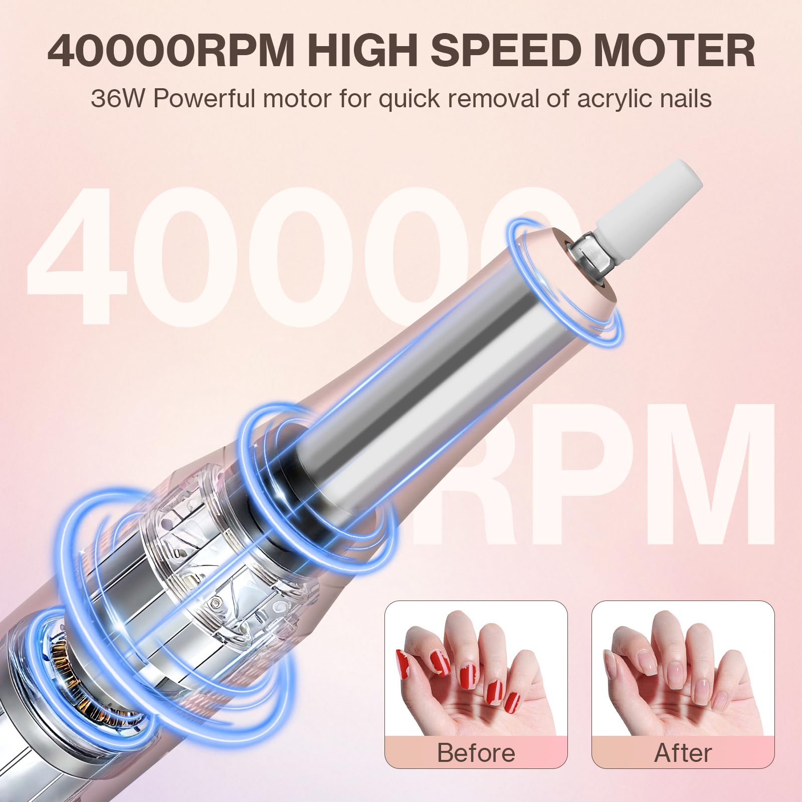 Ponceuse pour Ongles Professionnelle 40000 RPM 36 W, Urbuti 12 en 1 Ponceuse Ongles Portable avec Écran LCD & Support, Lime à Ongle Electrique Silencieux, Kit Manucure Pédicure pour Salon/Maison-Rose