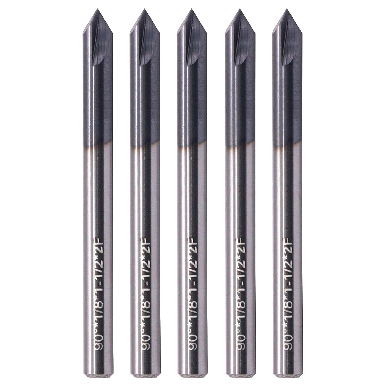 BestParts 5pcs High Performance Solid Carbide End Mill, Chamfer Mill - Single End - AlTiN Coated, 2 Flute, 90° Chamfer Angle, 1/8" Cutting Diameter, 1/8" Shank Diameter, 1-1/2" Overall Length