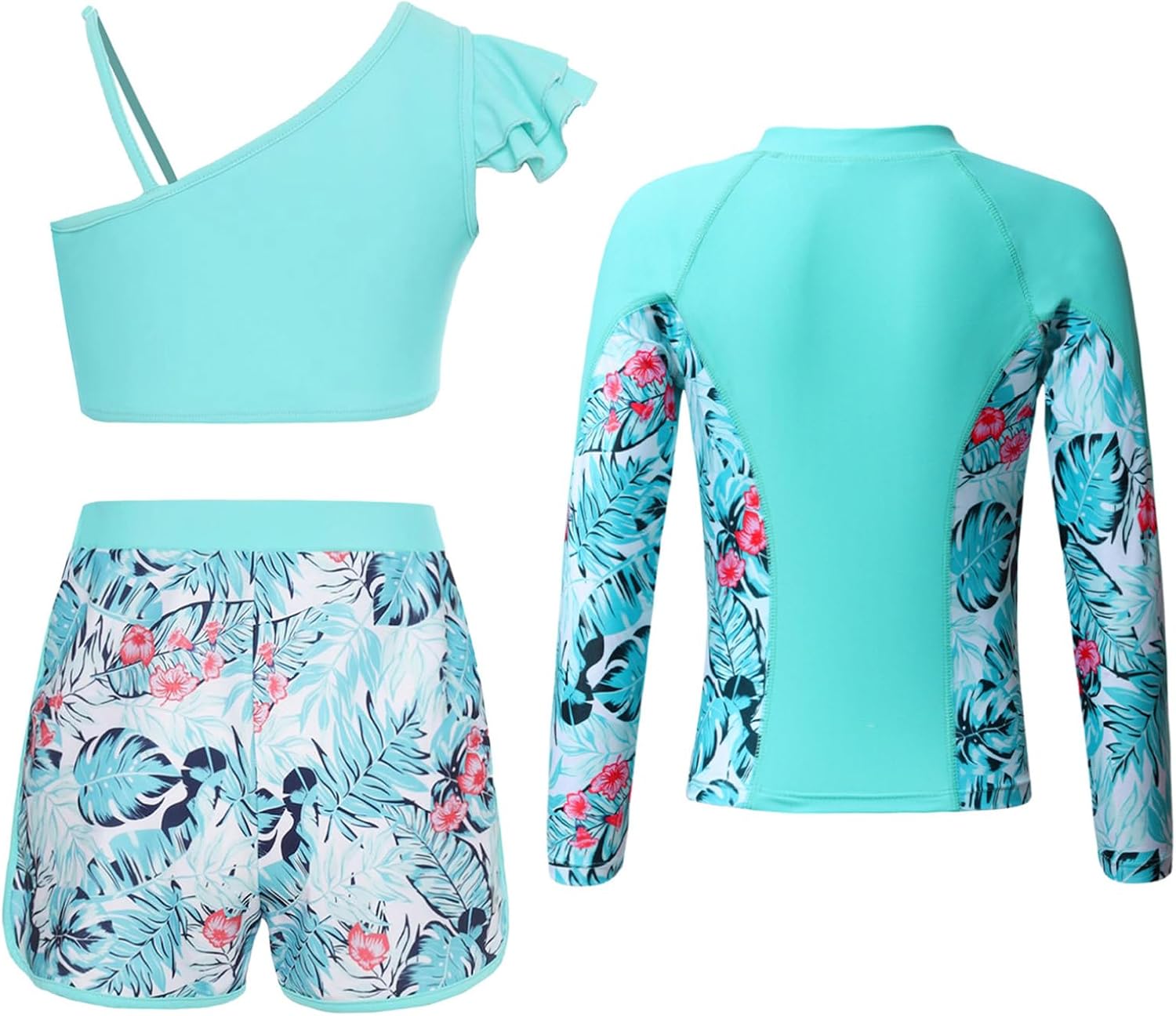 Moily Kids Girls 3PCS Athletic Rash Guards UPF 50+ Swim Coat Tankini Top with Bottoms Swimsuits