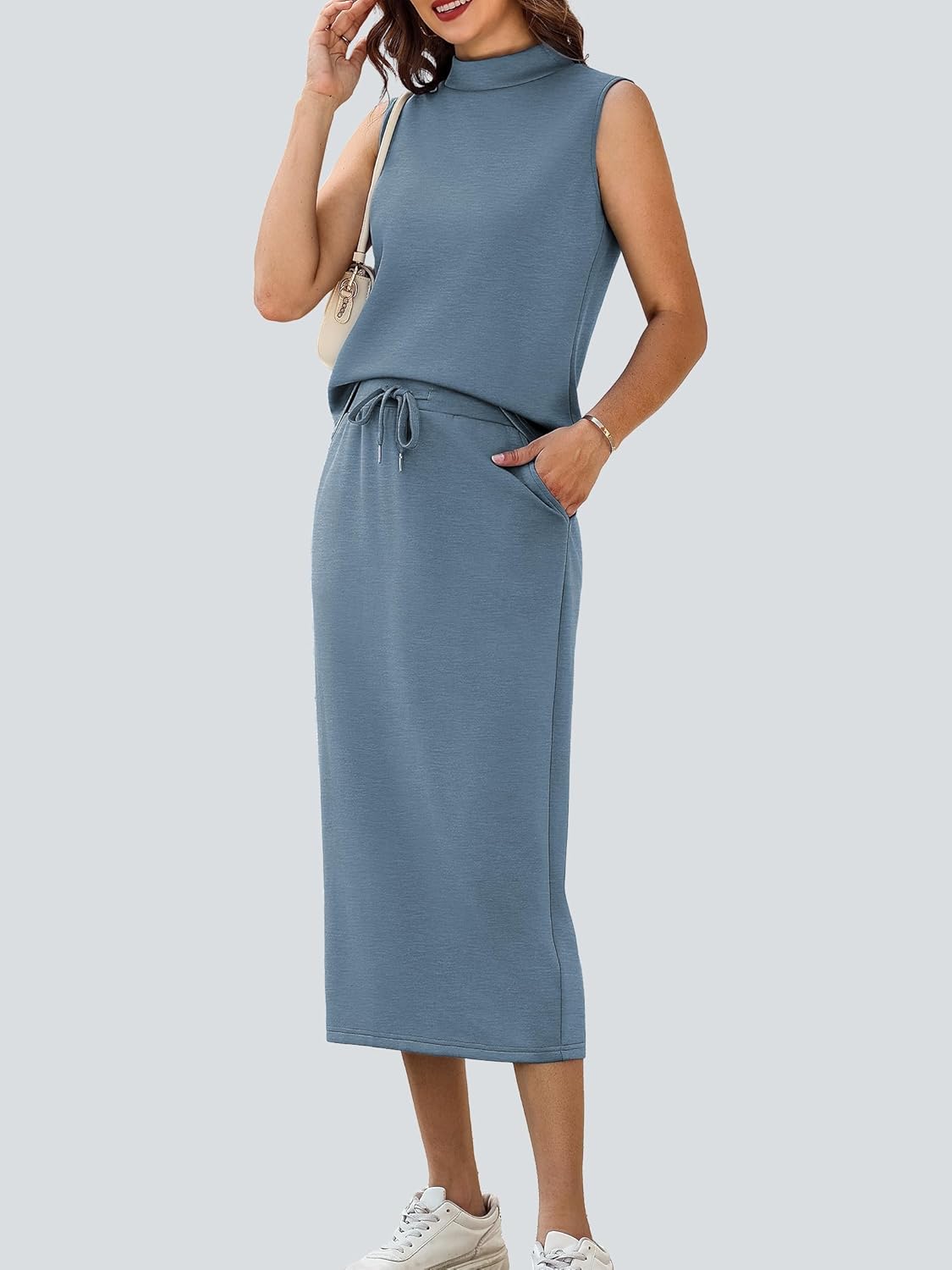 Casly Lamiit Women's 2 Piece Set Summer Casual Sleeveless Mock Neck Top Midi Skirts Lounge Travel Outfit - Image 3