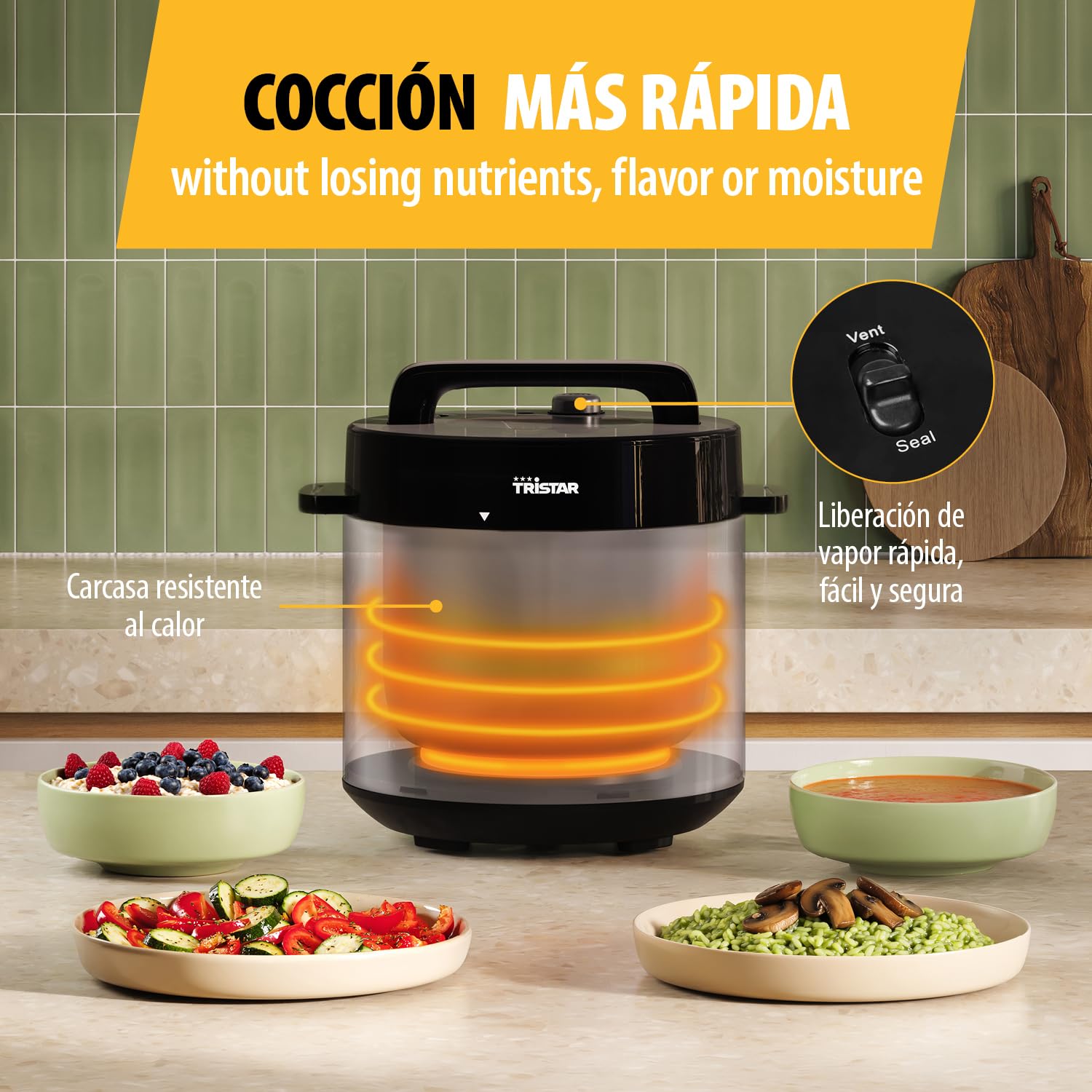 Olla a Presión Eléctrica Tristar, Capacidad de 6 l, Potencia de 1000 W, Funciones de Seguridad Integradas, Cubeta Extraíble, Fácil Limpieza, RK-6160