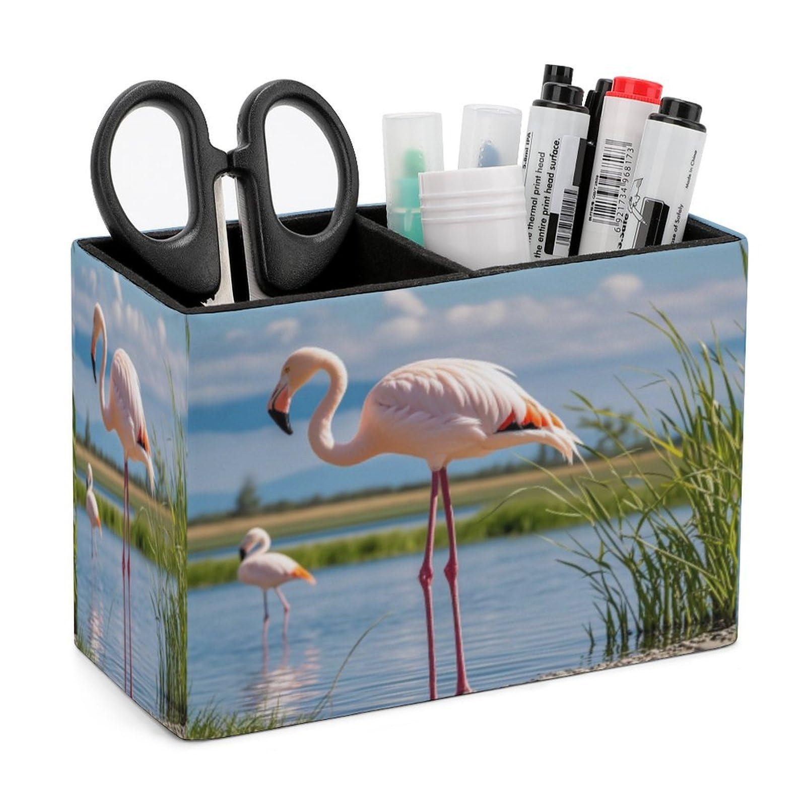 LZQPOEAS Flamingos Leather Pen Holder Square Pencil Holder Multi-Functional Desk Organizer Modern Pen Cup Pencil Cup Minimalist Desktop Stationery Organizer for Desk Office Home