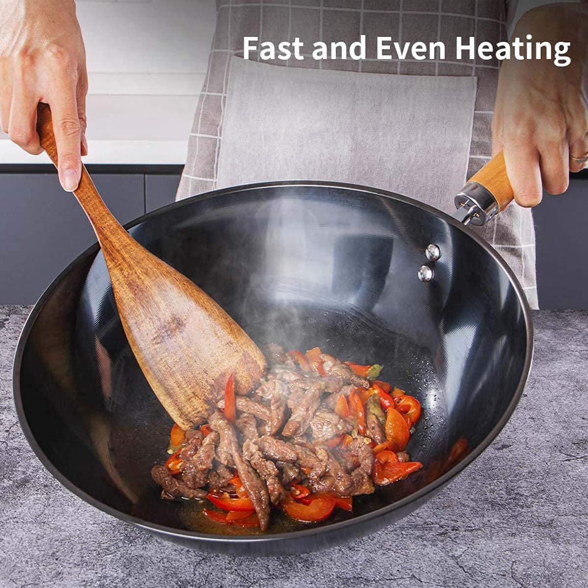 Wok in ghisa Pre-stagionato, Padella Wok Wok Fatti a Mano e padelle per friggere con Manico in Legno Pentole antiaderenti con Fondo Tondo Wok Durevole, 34 cm/ 13,5 Pollici () Interesting