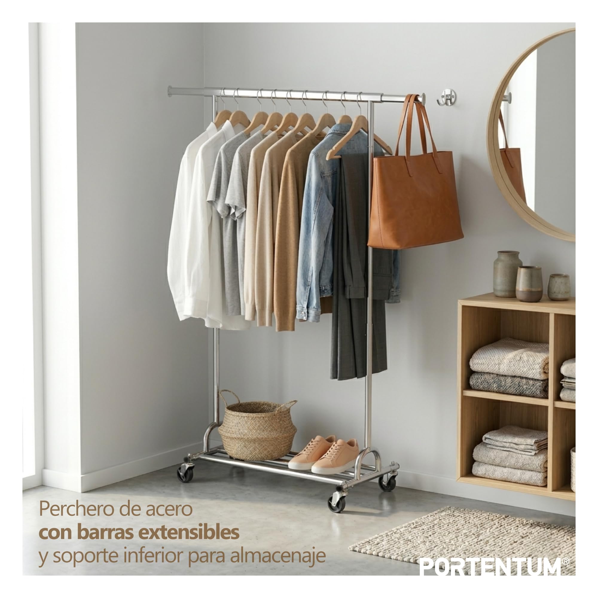 PORTENTUM Perchero burro ropa resistente extensible con ruedas y frenos – hasta 180 kg de carga – Organizador ropa de acero de 45 x (92-132) x 161,5 cm – Percheros de pie con almacenaje inferior