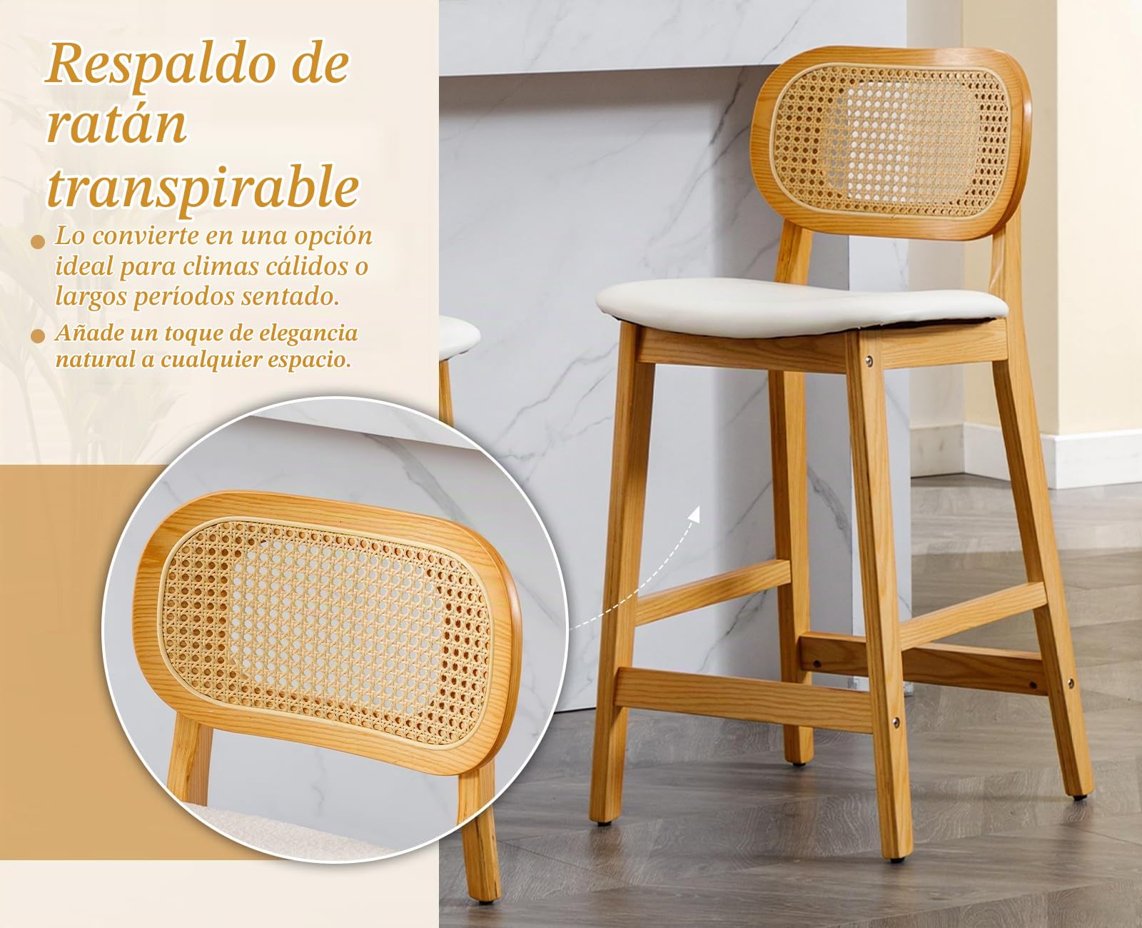 Ya-Home Juego de 2 Taburetes Altos de Cocina Patas de Madera,Blanco | Silla Alta de PU Cuero, Patas de Madera, Respaldo de Ratán, Cojin Comodo, para Isla Cocina/Bar/Bistró,MAX 113KG