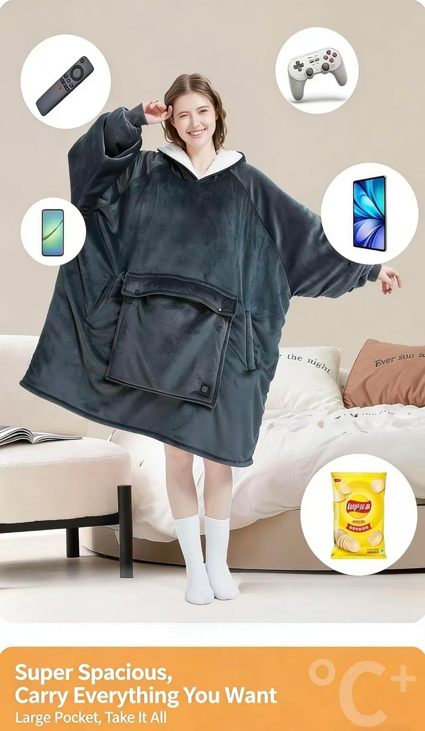 USB Three-Zone Heated Wearable Hooded Blanket Extra-Large Wearable Electric Blanket 3-Level Temperature Adjustment (Blue-BottomSushi)