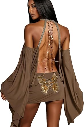 Backless Dress for Women Embellished Batwing Sleeves Butterfly Chain Sequin Mini Bodycon Dress Sexy Partywear