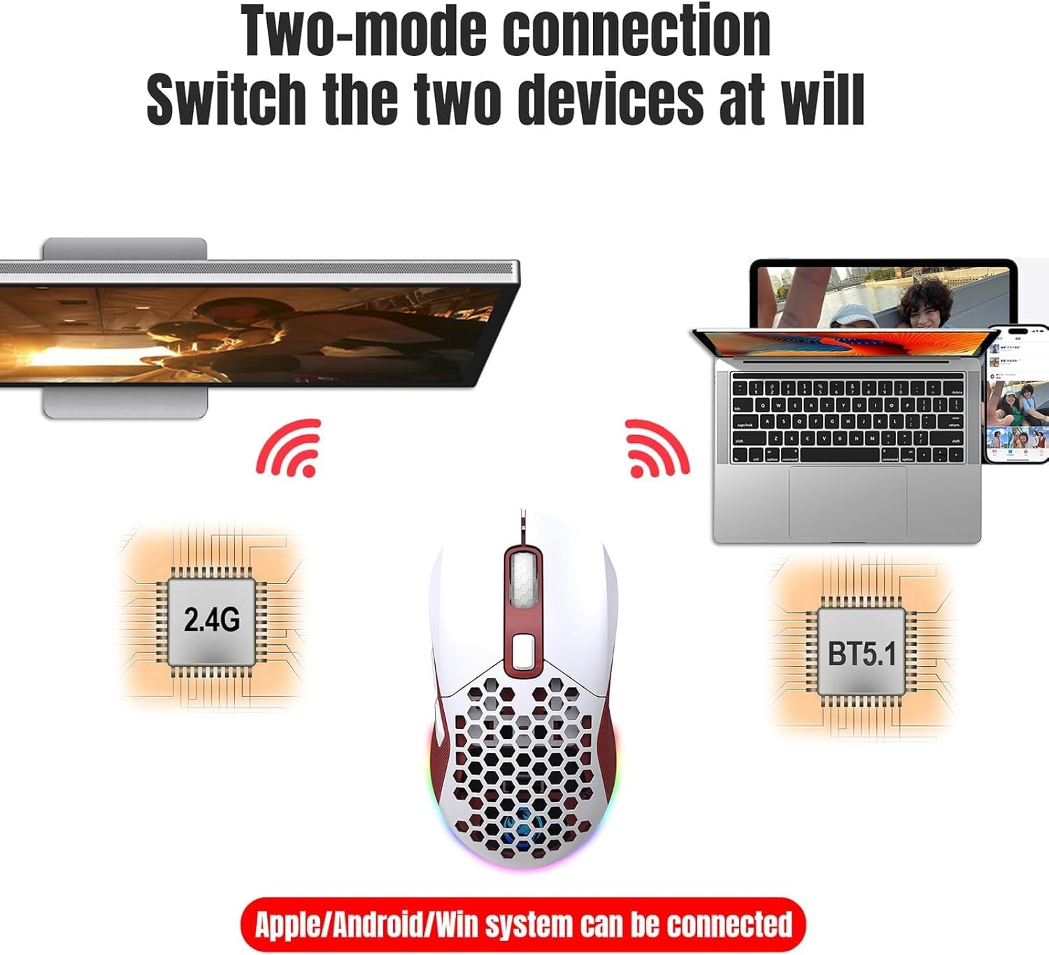 Lightweight Gaming Mouse, 4800 DPI, Rechargeable Wireless Gaming Mouse with USB Receiver, RGB Backlight Computer Mouse for Laptop PC, Mac (Red)