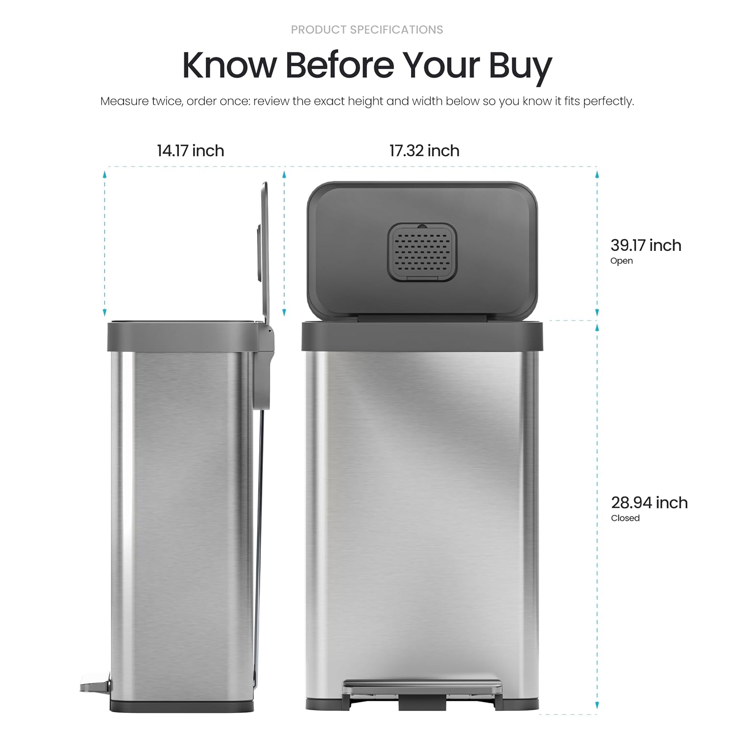 Home Zone Living 19 Gallon Kitchen Trash Can with Step Pedal | Stainless Steel with Soft-Close Lid, Odor Control and Retainer Ring for Easier Bag Swaps, Rectangular Design, Silver