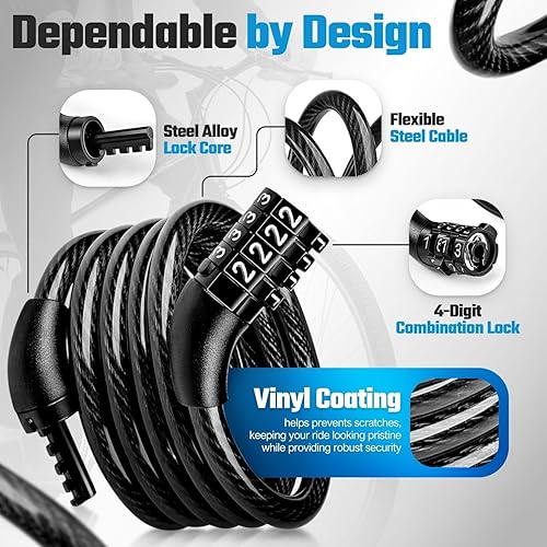 Miniatura 4 de Flexzion Cable de bloqueo de bicicleta de 4 pies, 516 pulgadas (0.315 in) de diámetro, cable de bloqueo de bicicleta de acero compacto y fácil de