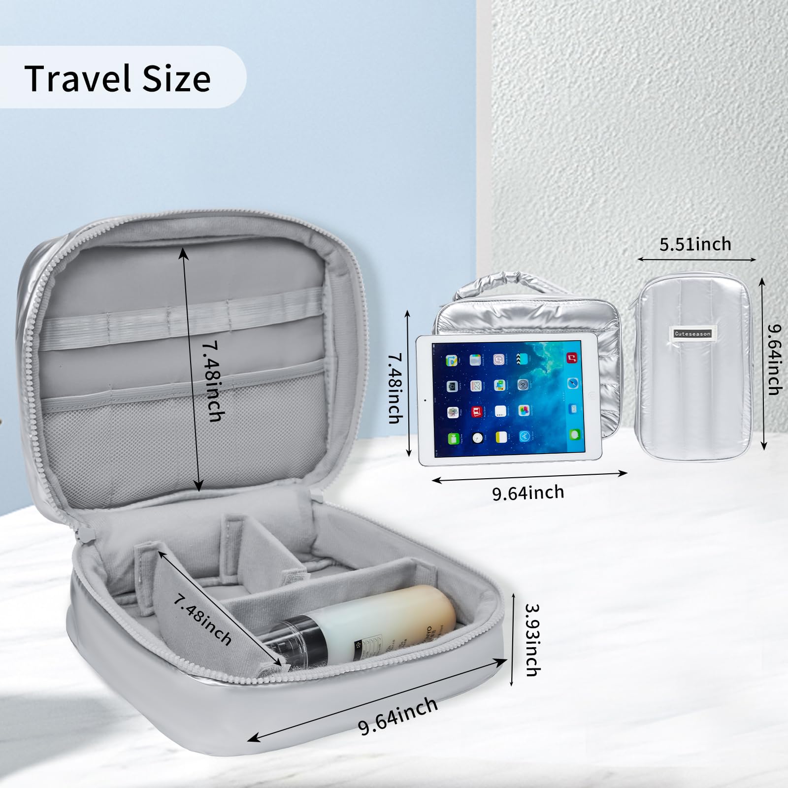 Condition photo showing New/Like New for puffy quilted silver makeup bag for women, large waterproof cosmetic bag with compartments, travel toiletry organizer pouch(purple, l and m)