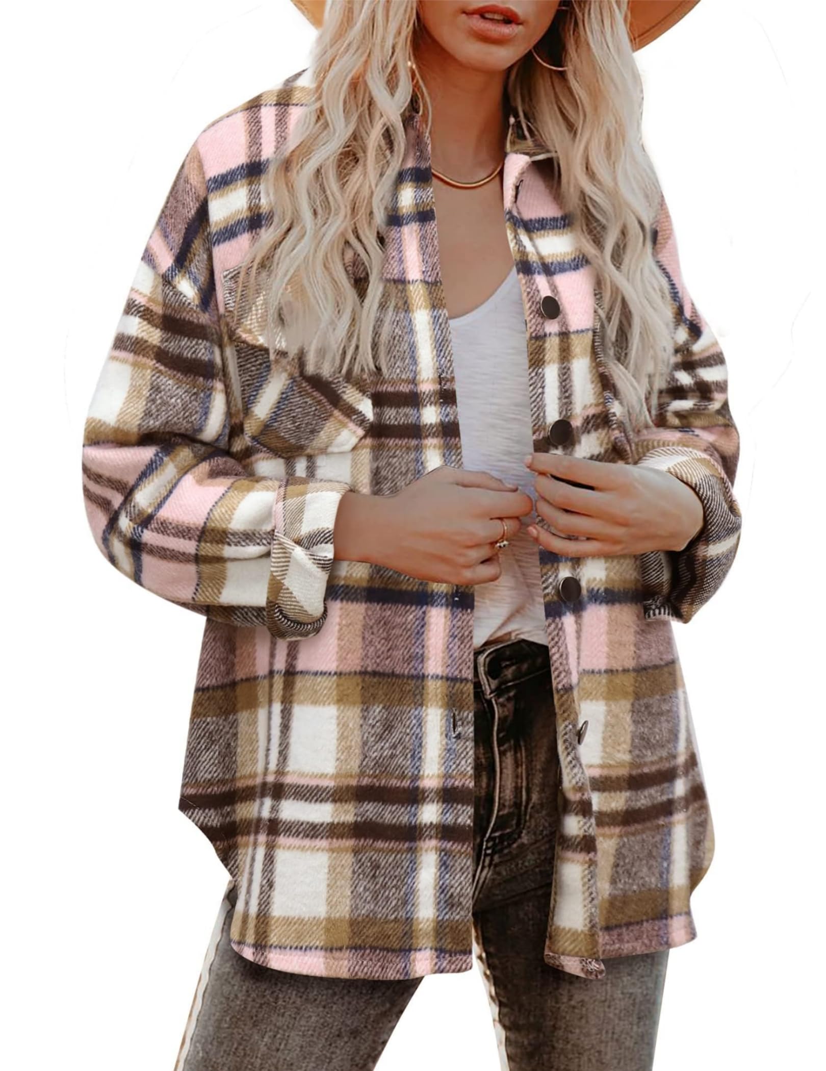 Zeagoo Damen Hemdjacke Karierte Flanellhemd Langarm Loose Shacket Flanell Bluse Jacke mit Knöpfen Übergangsjacke