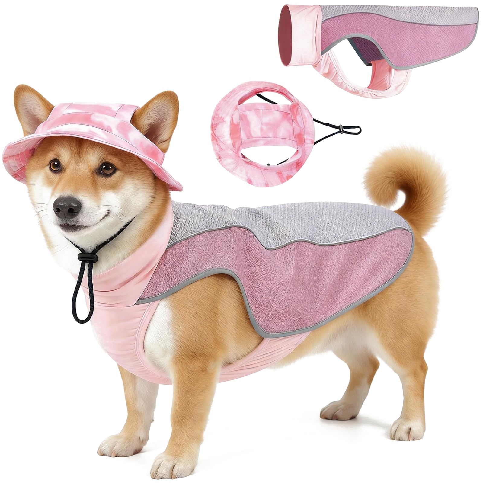 MIGIFTDY 2PCS Dog Cooling Outfit Set, Ice Silk Breathable Dog Cooling Vest, Matching Small Pet Fisherman Hat,Keep Pets Cool and Comfy in Hot Weather,Grey Pink Small