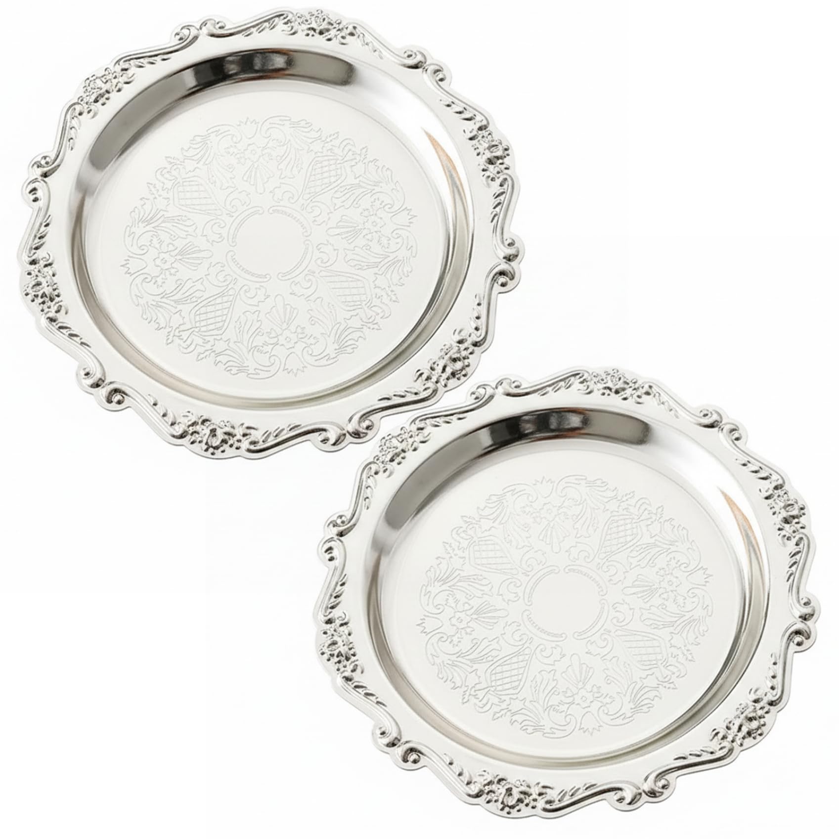 Silver Tray 2PCS 7.9 inch Metal Silver Platter Vintage Decorative Serving Platter for Snacks Fruit Dessert