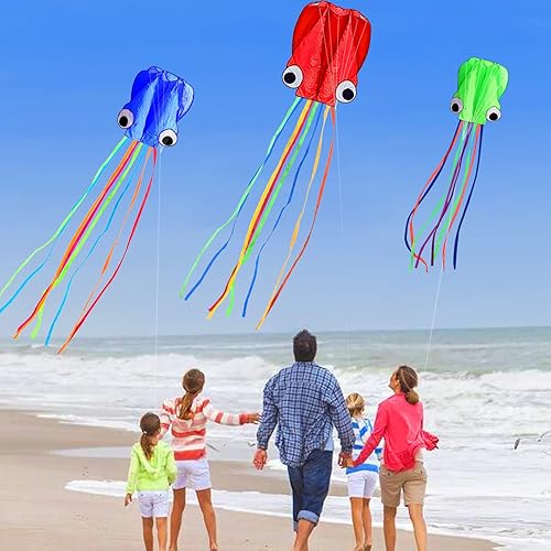 Miniatura 3 de Hengda kite Pack 3 Colors Beautiful Large Easy Flyer Kite for Kids-Software Octopus-Its Big 31 Inches Wide with Long Tail 157 Inches Long-Perfect