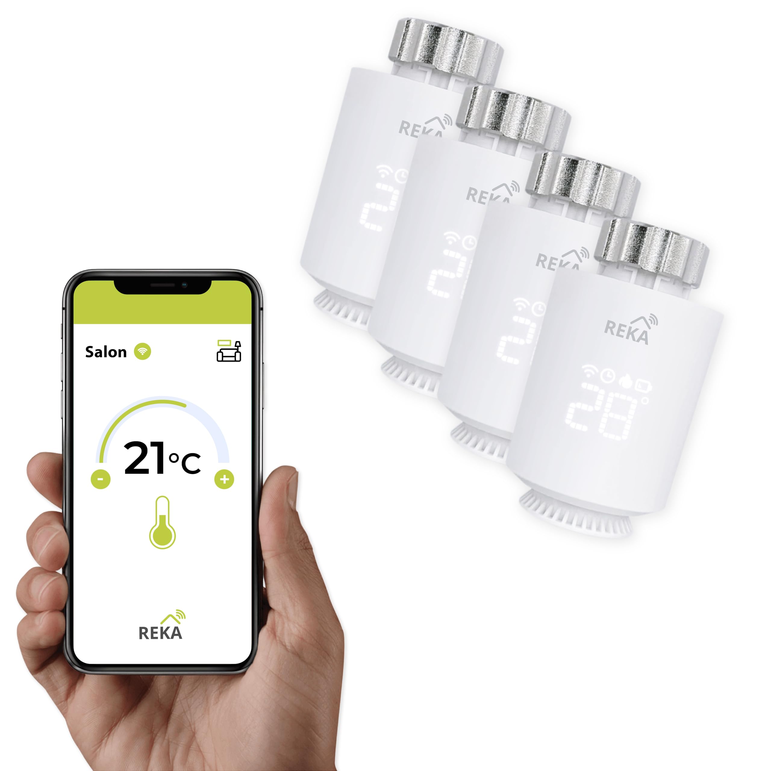 Cabezal Termostático Inteligente REKA - Control de Temperatura a través de la App Tuya, Programación, Detección de Ventanas Abiertas - Compatible con Asistentes de Voz (4, Sin Zigbee)