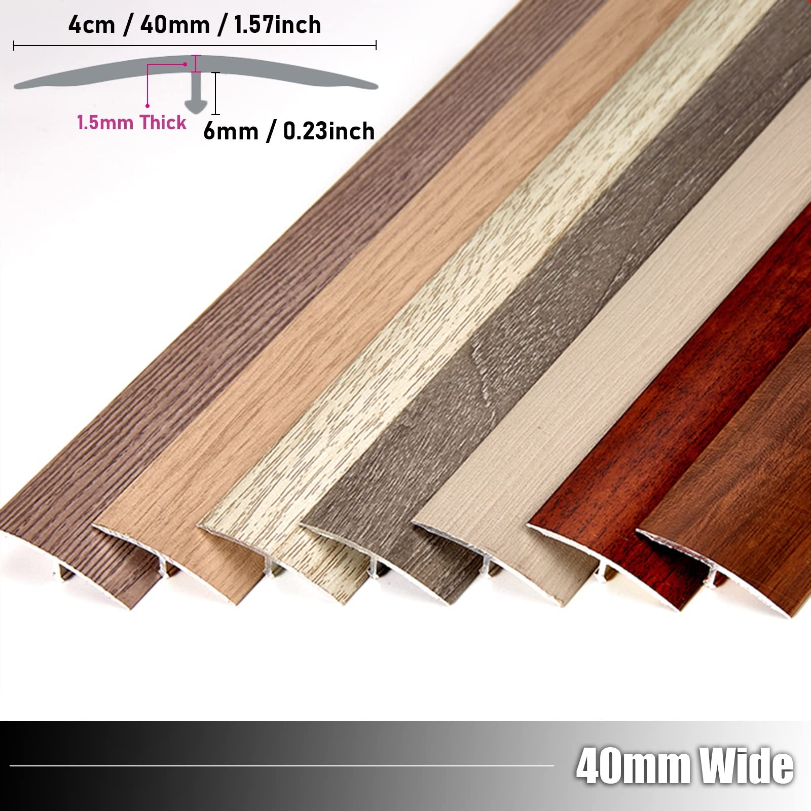 Perfil en T de aluminio de 90 a 150 cm, 4 cm de ancho, acabado de grano de madera para transiciones de laminado, azulejos y madera, ideal para bordes de suelos lisos, solución duradera y elegante