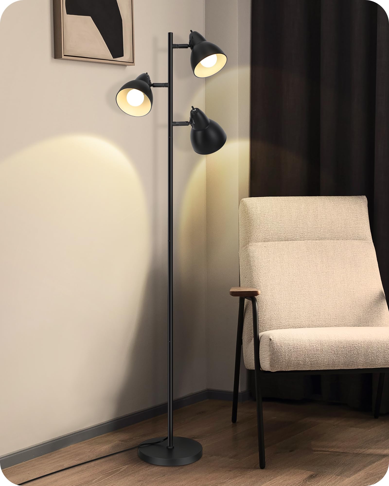 EDISHINE Lampa podłogowa do salonu, wychylna, 3 światła, ściemniana dioda LED | 2700 K ciepła biel, oprawka E27, z pojedynczym przełącznikiem, lampa podłogowa 163 cm do sypialni i biura, czarna