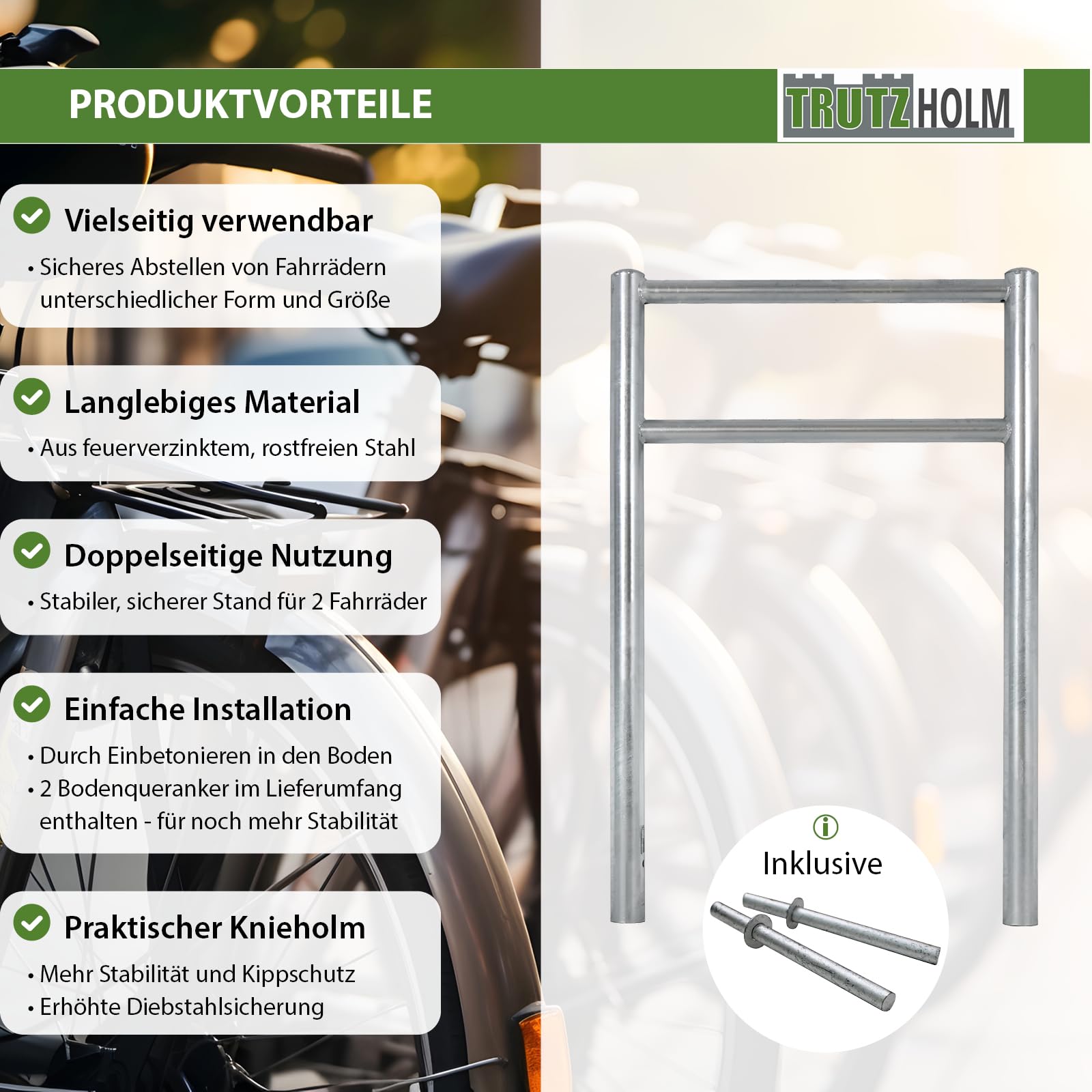 TRUTZHOLM 2x Fahrradanlehnbügel mit Knieholm 115x75 cm Stahl feuerverzinkt Ø 60 mm Anlehnbügel zum Einbetonieren Fahrradbügel Fahrradständer Parker Diebstahlsicherung Fahrrad Anlehner