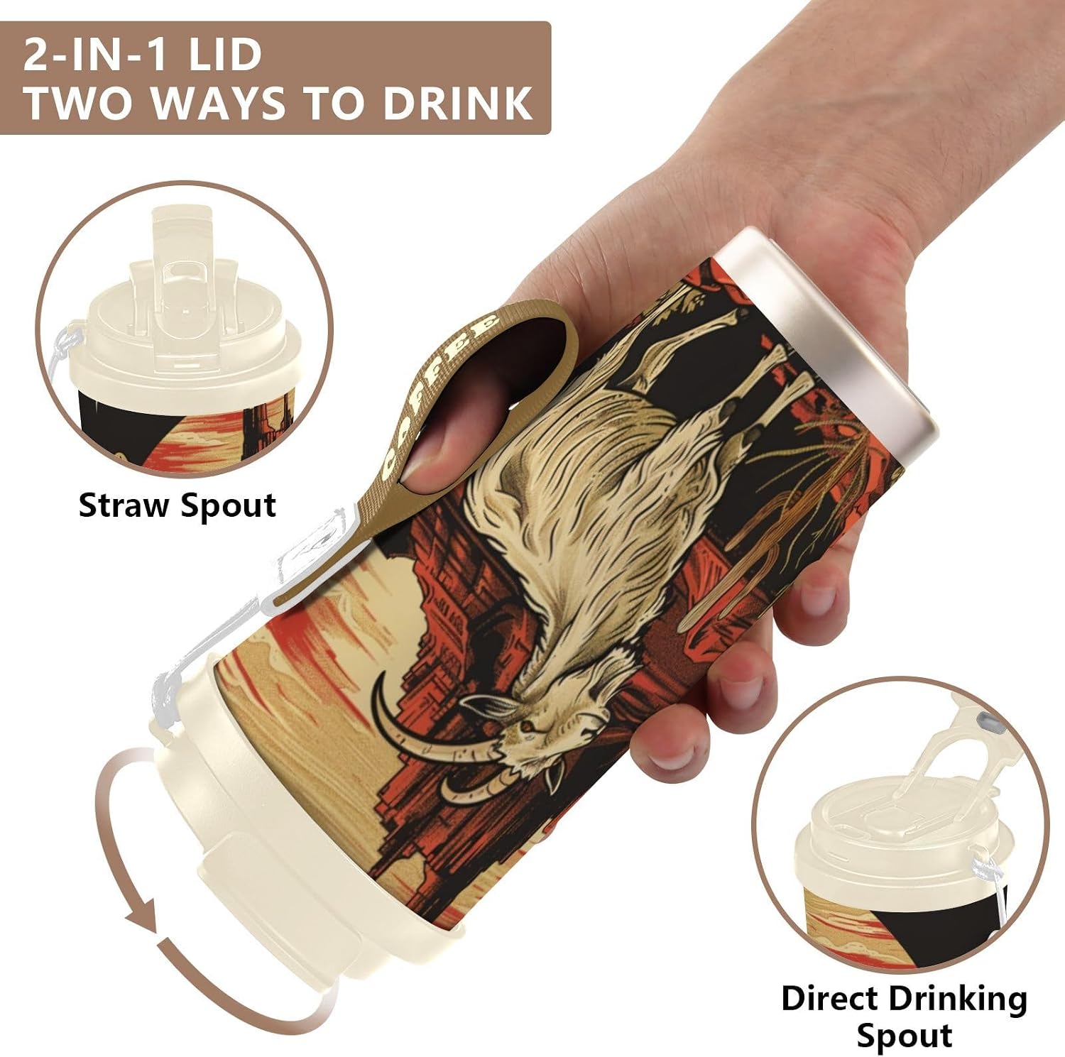 Insulated Coffee Mug Goat Desert Landscape with Straw & Flip Lid, 16.9oz Iced Tumbler Cup, Double Wall Vacuum Mug for Travel Office Camping