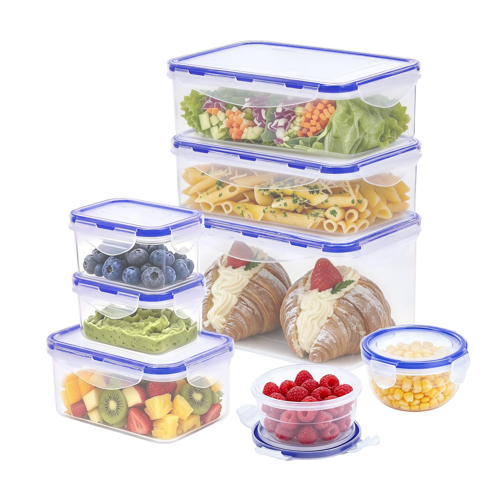 KIGI Food Storage Container Set, Airtight, Stackable, 0.7-8.3 Cup, 8 Pack | 4-Sided Locking Lids, Ideal for Meal Prep, Lunch & Leftovers, BPA-Free Plastic, Multi-Size Multi-Use Set
