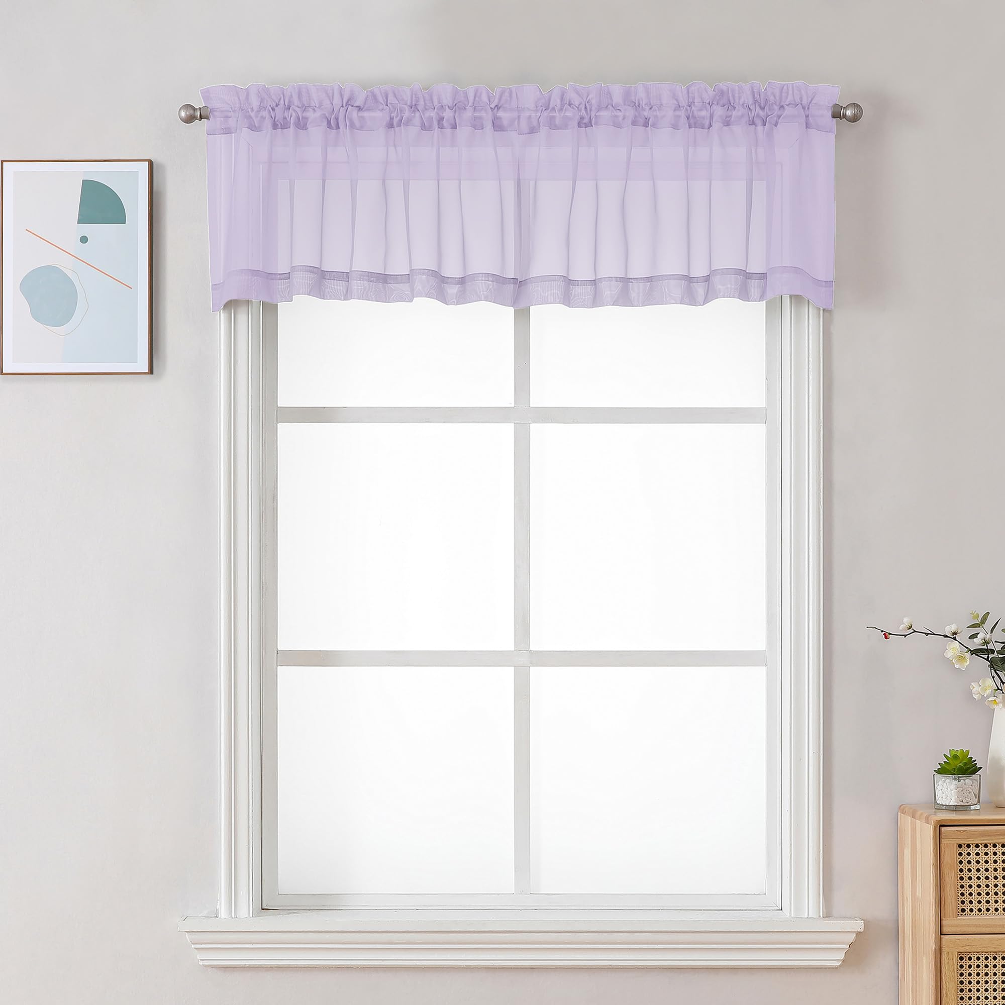 Chyhomenyc Sheer Valances for Windows 2 Pack, Small Window Curtains for Living Room Bathroom Cafe Laundry Basement, Modern Top Dual Rod Pocket Voile Curtain, 42W x 18L inches, Lilac