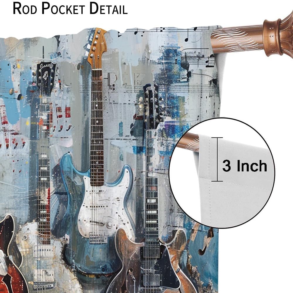 Rustic Instrument Guitar Privacy Blackout Curtains Vintage Mid Century Watercolor Street Graffiti Art Guitar for Living Room, Bedroom Soft Curtains 2 Panels 45" L x 21" W