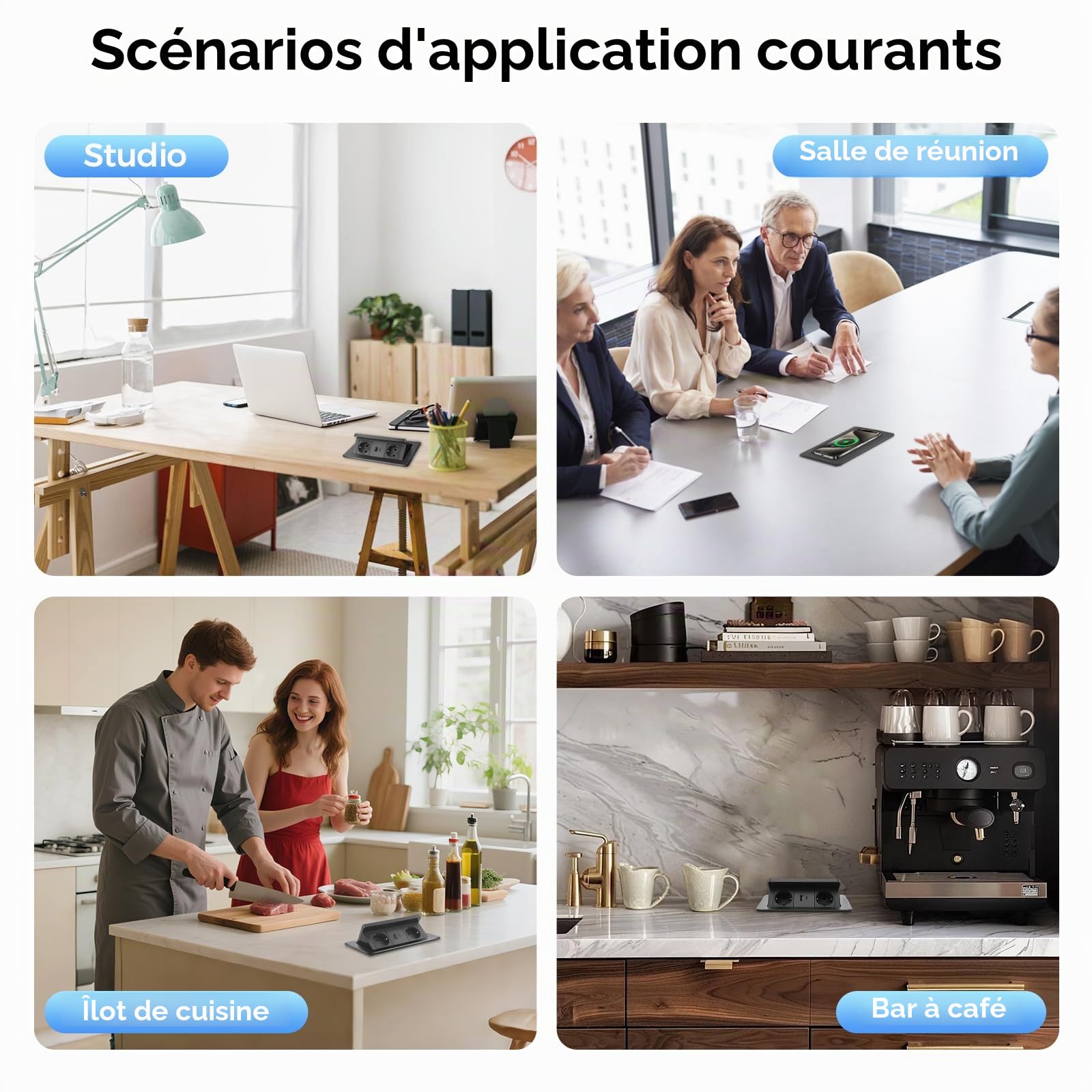 Prise Encastrable Plan de Travail, Multiprise Plate avec USB C PD 20 W et 15 W, Multiprise Encastrable Sans Fil, Prise Escamotable pour Cuisines Bureaux Salle de Réunion, 1.8M Câble