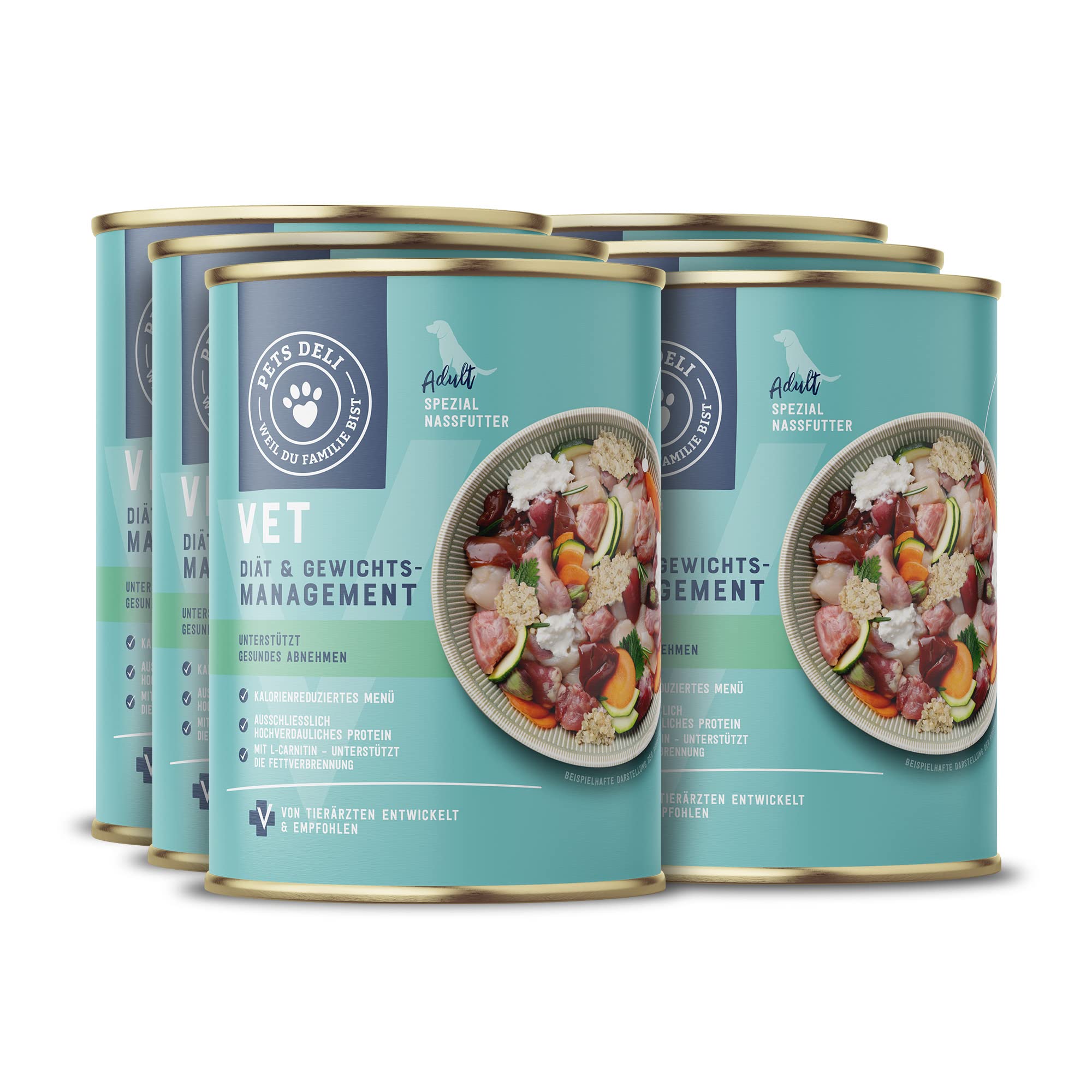 Pets Deli Vet Diät & Gewichtsmanagement Hunde Nassfutter Huhn, Karotte & Quinoa, kalorienreduziert zur Gewichtskontrolle, für übergewichtige Hunde, getreidefrei, ohne Zucker, 6x400g, Premium Qualität
