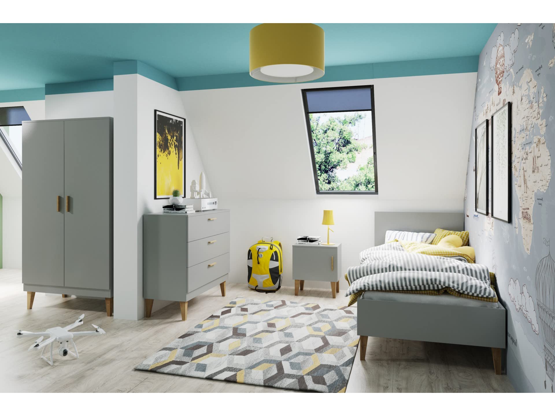 Générique Habitación completa para niños: armario de 2 puertas + cama de 80 x 180 cm con somier/colchón+cómoda 3 cajones + mesita de noche; color gris