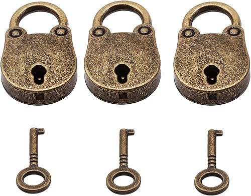 Miniatura 4 de Candado de bronce de estilo antiguo vintage de 3 piezas, pequeño candado de metal estilo arcaize, con llave para caja de joyería, caja de