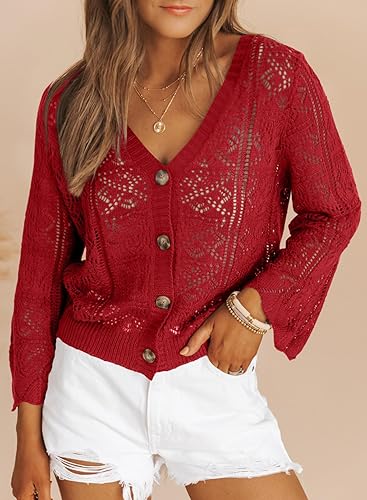 Miniatura 5 de Dokotoo Cárdigan corto de manga larga para mujer, suéter de punto de ganchillo, bolero con cuello en V y botones