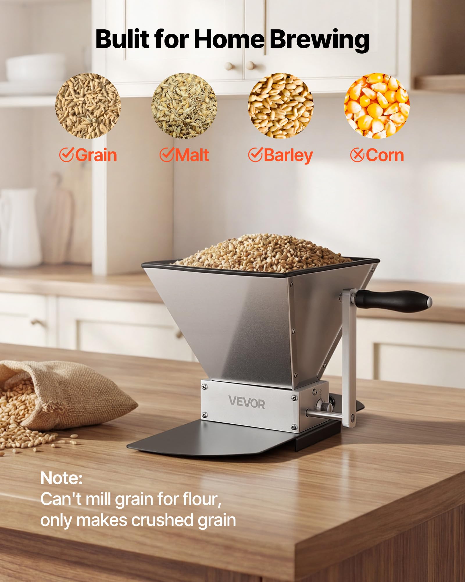 VEVOR Mulino per Cereali Manuale, Macinino a Mano Macina Malto per Produzione Birra Fatta a Casa, Macina Cereali per Malto Regolabile con 2 Rulli in Acciaio Inox, Tramoggia da 4 Litri, Piastra di Base