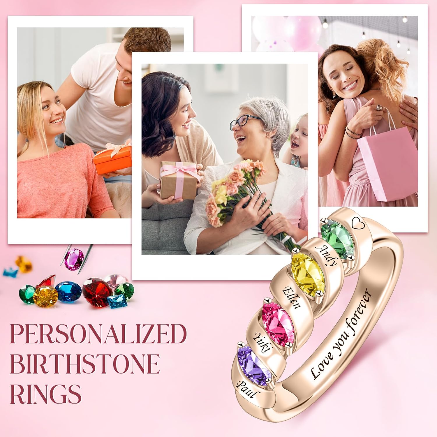 Personalized Mother Ring With 1/2/3/4/5/6 Birthstones Custom Family Rings for Women Stacking Birthstone Ring for Mom Grandma Daughter Wife Birthday Mother's Day Valentine's Day Christmas Jewelry Gift