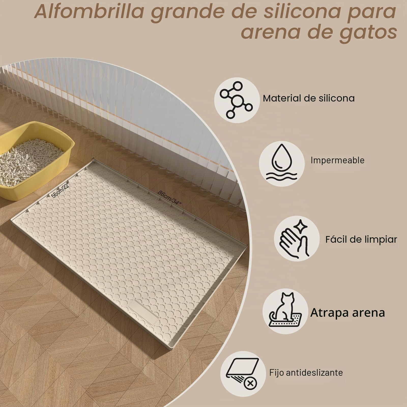 Alfombra Arenero Gato Silicona Impermeable Bordes Elevados 86x56cm, Alfombra Gatos Arenero Grande Antideslizante, y Alfombrilla Arenero Gato Diseño Panal Fácil Limpiar, Beige