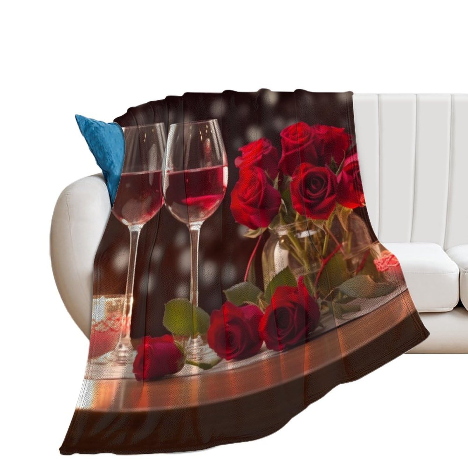 Couverture en flanelle cadeau pour femme imprimé roses et verres à vin