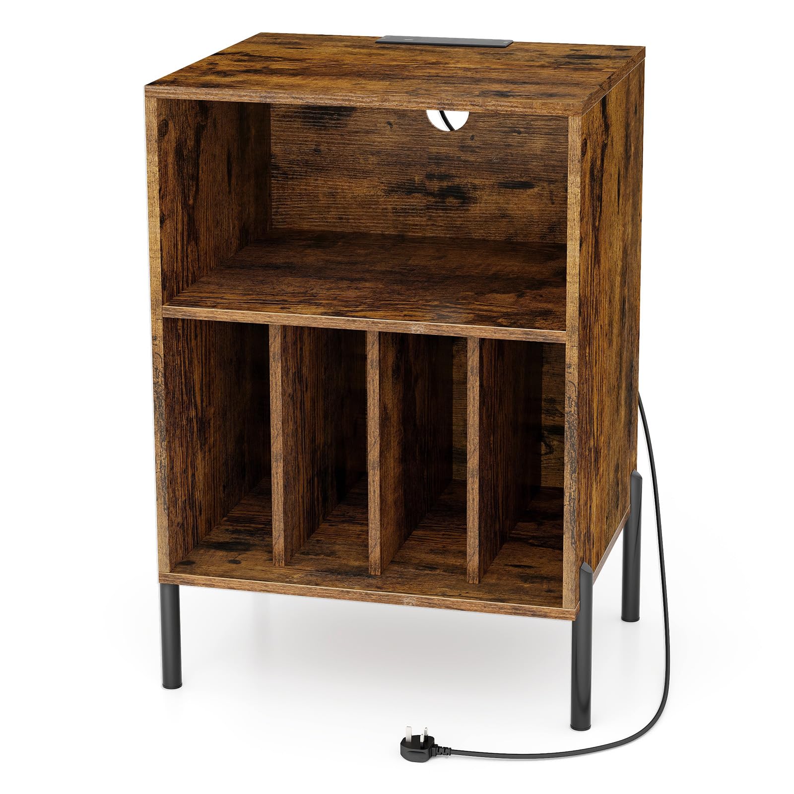 CASART Record Player Stand, Turntable Stand with Charging Station, Metal Legs & Cable Hole, Vinyl Record Storage Cabinet Holds up to 150 Albums End Table for Living Room Bedroom (Rustic Brown)