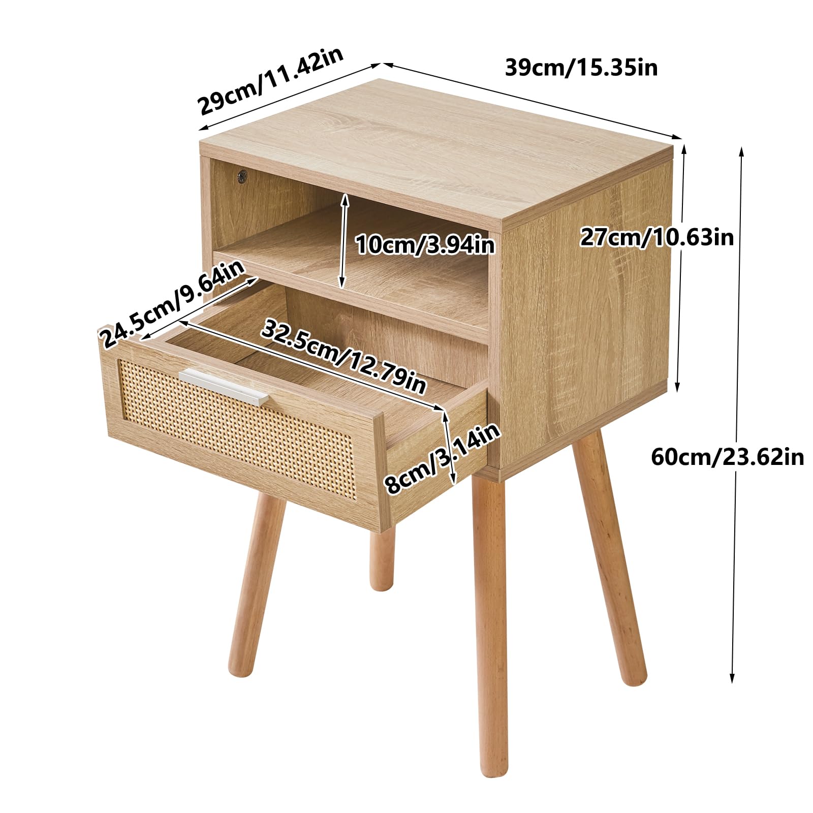 IBUYKE Comodino in rattan, tavolino boho con cassetto, ripiano aperto, comodino in legno, tavolino con gambe per camera da letto, soggiorno e piccoli spazi, naturale WNS009N