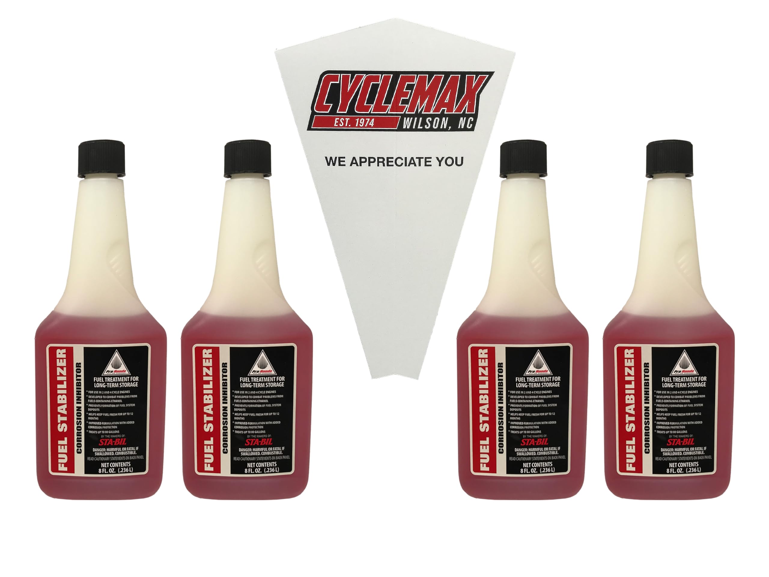 CYCLEMAX Four Pack Compatible with Honda Fuel Stabilizer & Corrosion Inhibitor 08732-0800 Contains Four 8oz Bottles and a Funnel
