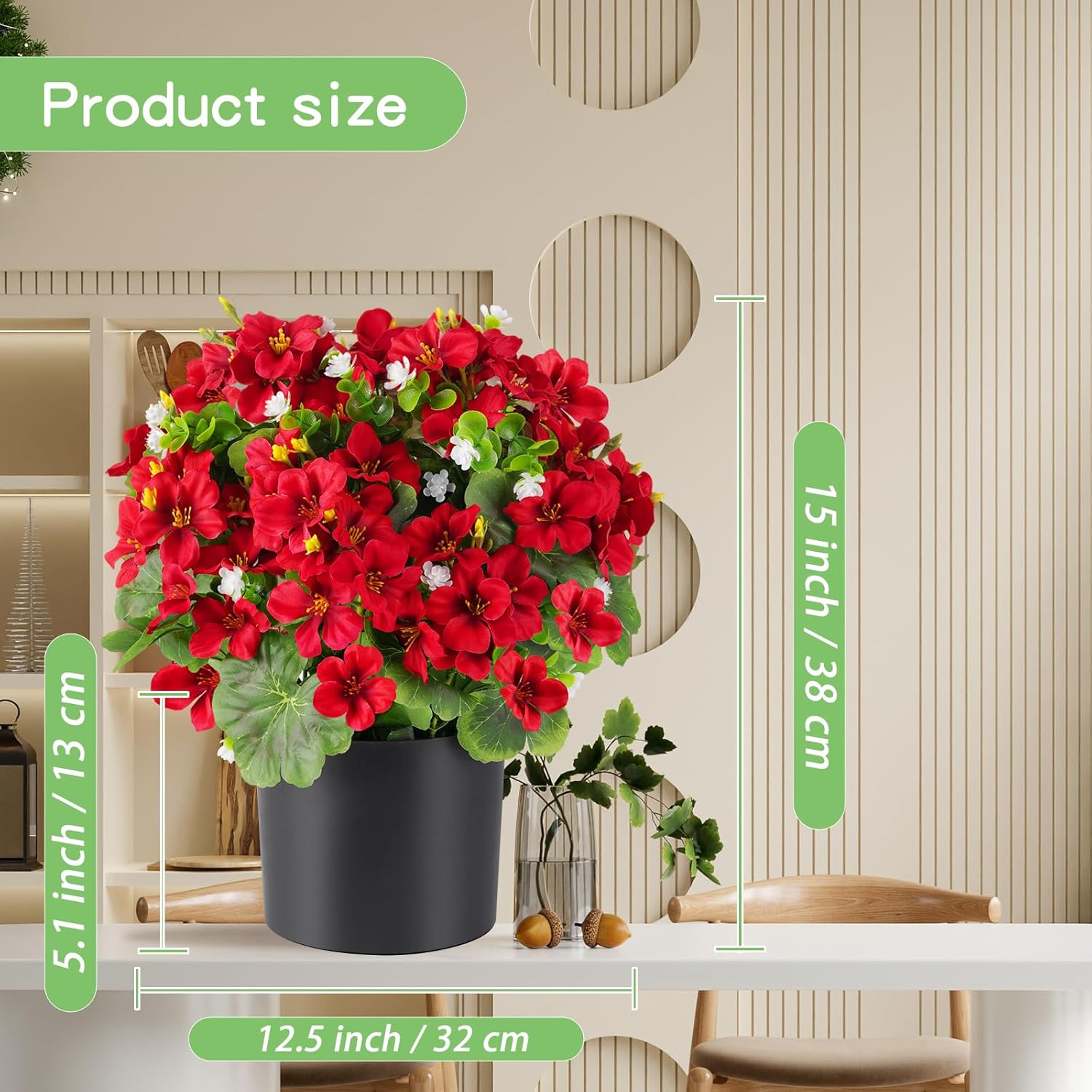 14'' Fake Plants Artificial Geraniums Flowers in Pot for Home Garden Indoor Outdoor Christmas Spring Summer Decorations (Red)